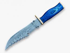 Couteau utilitaire avec lame fixe en acier Damas, poignée en bois bleu et garde-poignée en laiton poli - Product Image 1