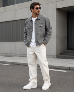 <b>Men's</b> Denim <b>Jacket</b> Solid Color Stand Collar Regular Fit Washed Cotton Casual Autumn Style Waterproof Windproof Quick Dry <b>White</b> - Product Image 5
