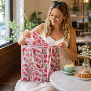 Sac fourre-tout bohème floral imprimé au bloc de Jaipur + Trousse de toilette assortie à fermeture éclair en pur coton matelassé durable et réutilisable - Product Image 5