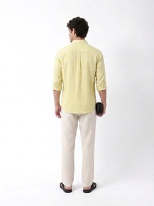 Men's Yellow Plaid Cotton Casual Shirt Turn-<b>down</b> Collar Three Quarter Sleeve Breathable Summer Wear - Product Image 3