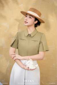 Camisa Corta de Mujer Verde Oliva con Cierre Frontal, Manga Casquillo, Cuello Camisero, Estilo Minimalista para Oficina, Color Sólido, Poliéster/Algodón, Primavera - Product Image 2