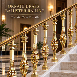 Rampe d'escalier dorée de style régale avec meneaux sculptés en fonte, colliers superposés et balustrade classique - Product Image 1