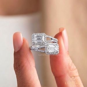 Lab-Grown <b>Emerald</b>-Cut Diamond Halo Engagement <b>Ring</b> Women 18KT Gold Sterling <b>Silver</b> 9K 10K 14K 18K Options - Product Image 3