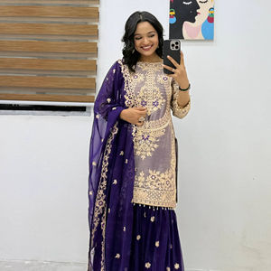 Kurti de Seda Crancy Premium Bordado con Palazzo de Georgette y Dupatta – Prenda Étnica India Completamente Cosida, Calidad de Exportación - Product Image 1