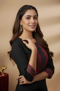 Ensemble Kurti et pantalon pour femme, noir, en coton épais, coupe droite, longueur mollet, col rond et manches trois quarts, pour tenue ethnique - Product Image 6