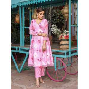 Ensemble Kurta décontracté pour femmes, teinte rose, tie-dye, manches trois quarts, doux et confortable - Product Image 2