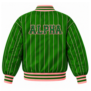 Alfa |   Kapa |   Chaqueta Universitaria de Satén a Rayas Verde y Rosa para Mujer de Alpha Sorority, Chaqueta Bomber con Cierre y Letras Griegas Bordadas - Product Image 4
