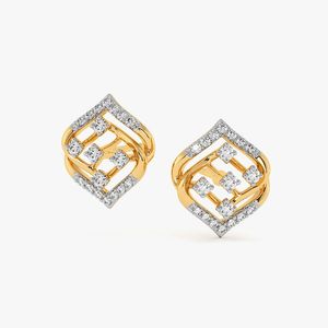 Pendientes de Oro Amarillo con Diamantes Cultivados en Laboratorio y Marco Geométrico en Forma de Hoja - Product Image 2