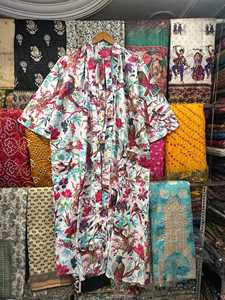 ชุดคลุมอาบน้ำผ้าฝ้ายแบบกิโมโน เสื้อคลุมตุรกี ชุดนอน ชุดคลุมลายพิมพ์นก แห้งเร็ว ระบายอากาศได้ดี มีเชือกผูกสำหรับฤดูร้อน - Product Image 1