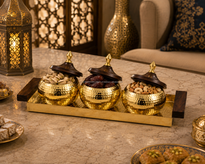 Ensemble de pots décoratifs rectangulaires classiques en métal de luxe ABI OVERSEAS avec couvercles en bois et poignées, design floral multifonctionnel pour présentation sur table - Product Image 3