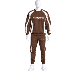 Ensemble de survêtement unisexe marron chocolat avec sweat-shirt à col rond et pantalon de jogging, rayures contrastées, tenue décontractée pour le sport et l'entraînement - Product Image 1