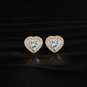 Heart Cut Moissanite Halo Stud <b>Earrings</b> 2 TCW Colorless VVS 14K Gold 1 Carat Heart Solitaire Screw <b>Back</b> Handmade Jewelry Gift - Product Image 2