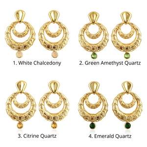 Boucles d'oreilles pendantes géométriques tendance pour femmes en quartz hydro et calcédoine, laiton massif plaqué or 18 carats avec finition texturée - Product Image 1