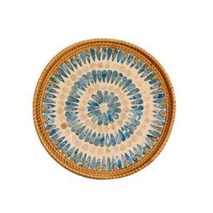 ถาดหวายอเนกประสงค์สไตล์วินเทจ, ถาดหวายและแม่ของไข่มุกทำด้วยมือตะกร้าเก็บของในครัวทรงกลมถาดที่ยั่งยืน - Product Image 5