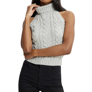 Marl Grey Short Tank <b>Top</b> Knitted Sweater Women Sleeveless Peplum Hem Collarless Pullover Slim Fit Ribbed Streetwear Fashion 100% - Product Image 3