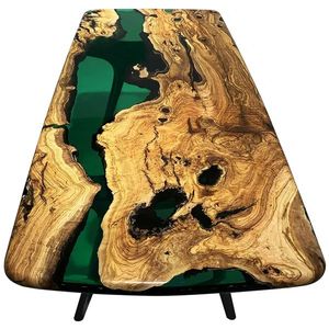 Mesa de Comedor Moderna Hecha a Mano con Tablero de Fresno Duradero y Resina Epoxi Azul, Base Trapezoidal para Uso en Hoteles y Almacenes - Product Image 1