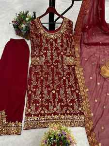 FANCY GEORGETTE EMBROIDERY STONE WORK TOP PALAZZO WITH DUPATTA MAROON 411 - Product Image 2