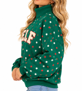 Sudadera de Cuello Alto para Mujer de Alta Calidad, Color Crema, con Estampado de Duende Verde y Apliques de Puntos Verdes, Corte Holgado - Product Image 6