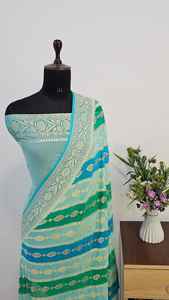 Sari en soie 100% pure Banarasi Khaddi Chiffon Georgette, teinture au pinceau Rangkat de luxe, pour soirée, ethnique indien traditionnel, séchage rapide - Product Image 3