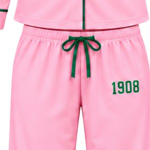 Women's Pink Pajama Set with Green Piping Alpha Kappa Alpha Embroidery and 1908 Detail <b>Long</b> Sleeve Button Front Top Matching - Product Image 6