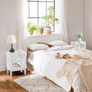 Comodino Bianco a Due Pezzi 45*30*60cm in MDF Verniciato a Spruzzo con Specchio Fumé e Due Cassetti Intagliati - Product Image 6