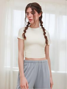 T-shirt court pour femme, manches courtes, col rond, couleur unie, coupe slim décontractée, 100% coton tricoté, toutes saisons - Product Image 2