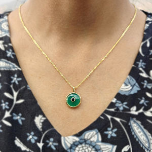 Delicate green <b>onyx</b> round gemstone stackable pendant <b>necklace</b> mini CZ inlay 18k gold plated adjustable chain jewelry for gifts - Product Image 5