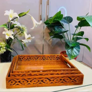 Ensemble de plateaux gigognes en bois faits à la main, décoration bohème et rustique, plateau de service, plateau en bois, décoration de mariage, plateau personnalisé - Product Image 1