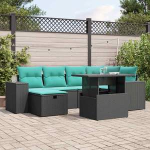 Set di divani da giardino in polyrattan nero da 7 pezzi con cuscini, mobili da giardino - Product Image 1