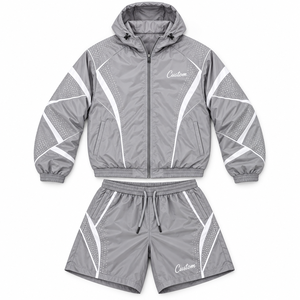 Men Lightweight Windbreaker Panel Hoodies <b>White</b> <b>Zip</b> <b>Up</b> Custom Logo Reflective 100% Nylon Track Shorts Set Windproof Outdoor USA - Product Image 4