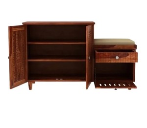 Solid Wood Shoe Cabinet with Bench | 2-in-1 Fretwork Door Shoe Rack and Upholstered Seat | Wholesale Entryway Furniture - Product Image 4