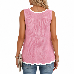 Débardeur tricoté rose grande taille à col rond sans manches avec logo frontal, tenue décontractée d'été pour femme, longueur standard, couleur unie - Product Image 4