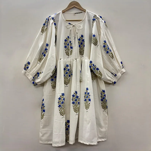 Robe Bohème Formelle à Col en V et Manches 3/4, Imprimé Floral Fait Main au Bloc, 100% Coton Écologique, Ourlet Volanté en Dentelle, Taille Naturelle, Lavable - Product Image 1