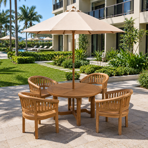 Modern Solid Teak Wood Outdoor Dining Set 4 Seater <b>Round</b> <b>Table</b> Chairs with Umbrella <b>for</b> Hotel Resort Villa <b>Patio</b> - Product Image 1