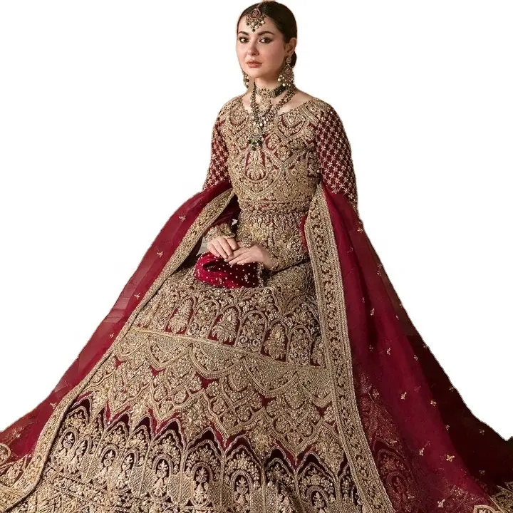 Gaun Lehenga merah tradisional gaun pernikahan Pakistan gaun pengiring pengantin desain khusus diskon besar-besaran mode wanita WS Internasional