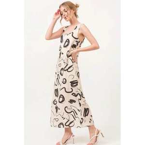 เดรสยาวสีเบจพิมพ์ลายแบบนามธรรมของ Veloro คอทรงเหลี่ยม ไซส์ S ดีไซน์โดดเด่นมีสไตล์ ผลิตด้วยมือ - Product Image 5