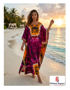 Vestido Kaftán Tie Dye HitJem para Exportación, Cuello Redondo, Manga Larga, Holgado, Largo hasta el Suelo, Estilo Bohemio, para Playa, Verano, de Gasa, para Mujer - Product Image 1