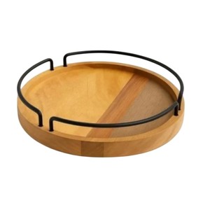 Plateau de service rond moderne en bois avec poignées métalliques, idéal pour la cuisine et la salle à manger, pour les collations et les boissons, écologique et décoratif. - Product Image 3