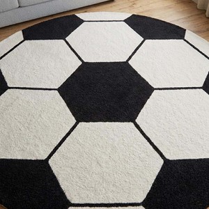 Kids Soccer Ball <b>Round</b> Area <b>Rug</b> Black <b>White</b> Football Pattern Hand Tufted Wool Carpet Playroom Bedroom Nursery Decor Soft - Product Image 2