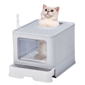 Grande lettiera grigia per gatti coperchio staccabile facile da pulire ingresso anteriore superiore uscita paletta vassoio scorrevole chiuso accessorio per toilette per gatti - Product Image 1