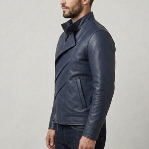 Veste en cuir véritable pour homme, style motard, avec fermeture éclair intégrale, col montant, poches sécurisées, poignets ajustables - Product Image 2
