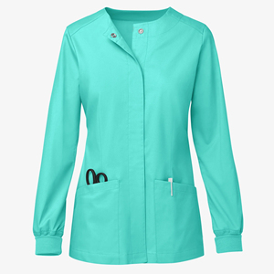 Blouse de travail personnalisée en gros, col rond, patte de boutonnage dissimulée, fermeture à boutons-pression, manches longues, poignets côtelés, poches plaquées, blouses de travail élégantes - Product Image 3