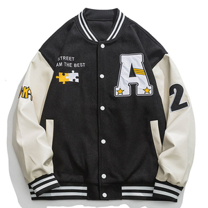 <b>Men's</b> Varsity <b>Jacket</b> Black White <b>Letter</b> A Patch Design Casual Autumn Wear Turn-down Collar Regular Fit Polyester Cotton Material - Product Image 2