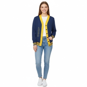 Cardigan en tricot décontracté pour femme, style universitaire, boutonné sur le devant, avec bordure contrastante, coupe ample, motif géométrique, pull tricoté - Product Image 5