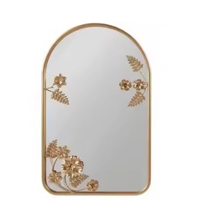Espejo de pared metálico dorado con diseño floral y de hojas de ginkgo, adorno decorativo bohemio, forma rectangular enmarcada - Product Image 3