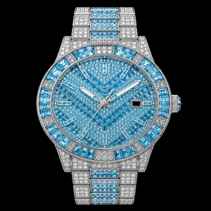 Reloj de Lujo para Hombre con Diamantes Azules y Esfera de Piedras Baguette, Correa Plateada, Diseño de Moda - Product Image 3