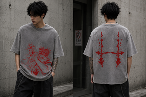 เสื้อยืดผู้ชายทรงปกติ ผ้าคอตตอนถัก 100% ล้างสีแบบแอซิด  รักษ์โลก ลายกราฟิกอนิเมะชูโซะ จูจุตสึ ไคเซ็น สีเทา หนานุ่ม ใส่ได้ในโอกาสทางการ - Product Image 4