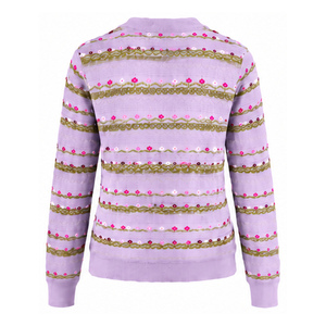 Cárdigan de Cachemira Suave al Tacto para Mujer, Color Lavanda, Cuello Redondo, Botones al Frente, Manga Larga, Tejido de Punto Acanalado a Rayas - Product Image 2