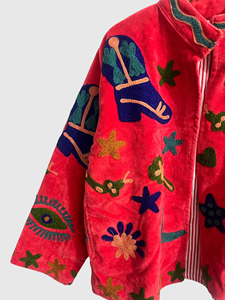 Red Velvet Embroidered Jacket Full Sleeve Mandarin Collar Boxy Fit Plus Size Women'<b>s</b> Winter Coat Hand Embroidery Pattern - Product Image 4