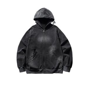 Sweat à capuche délavé à l'acide pour homme, en molleton français, coton lourd, pull-over noir délavé au soleil, sweat à capuche zippé court 2026 - Product Image 1